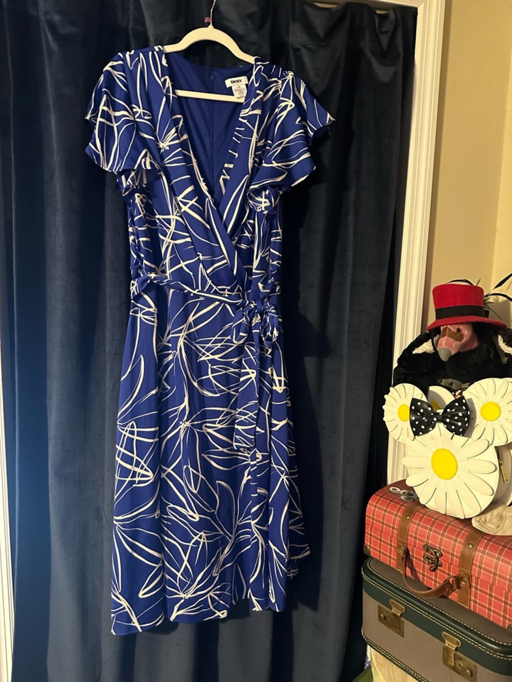 DKNY Royal Blue and White Abstract Wrap Midi Dress